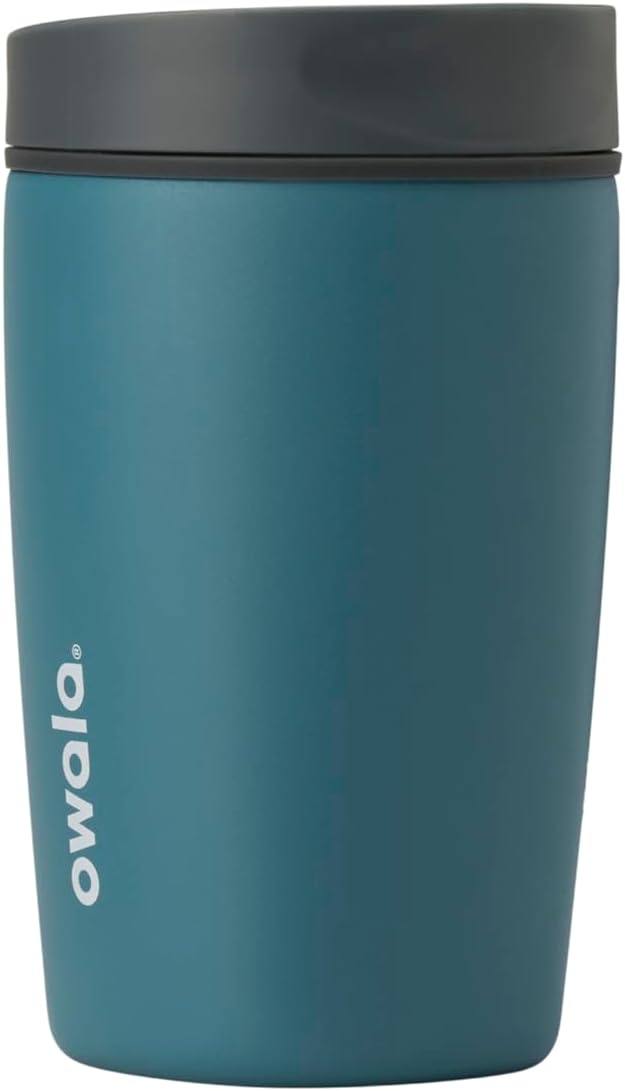 Owala SmoothSip Slider Insulated Stainless Steel Coffee Tumbler, Reusable Iced Coffee Cup, Hot Coffee Travel Mug, BPA Free 12 oz, Tan/White (Vanilla Bean)