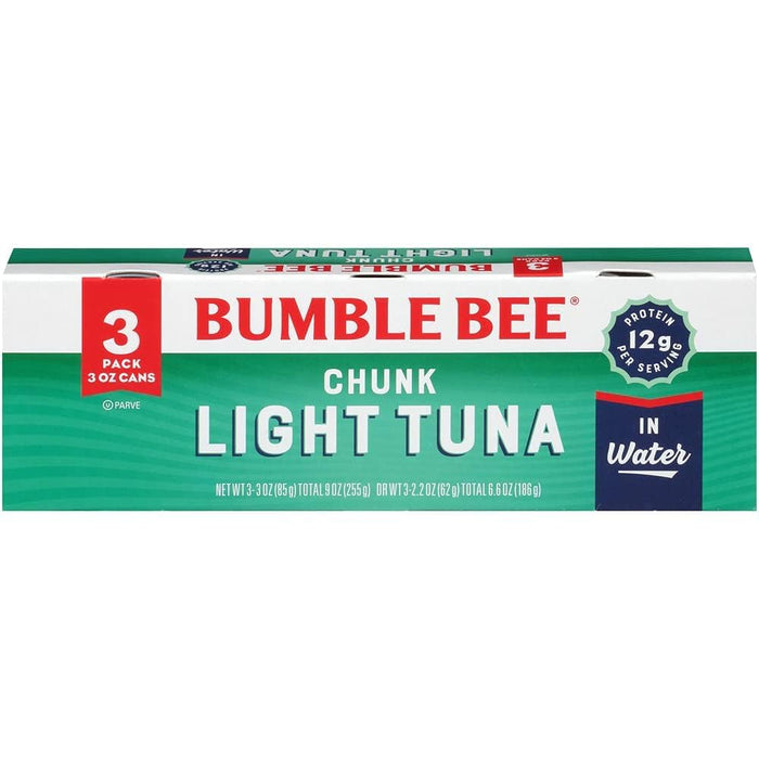 Bumble Bee Chunk Light Tuna In Water, 3 oz Cans (8 Packs of 3, 24 Cans Total) - Wild Caught Skipjack Tuna - 12g Protein Per Serving - MSC Certified Sustainable Seafood, Non-GMO, Gluten Free, Kosher