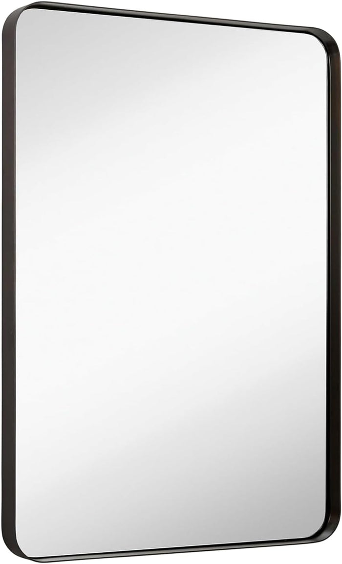 Hamilton Hills 24x36 Inch Metal Black Frame Mirror for Bathroom - Brushed Rectangular Rounded Corner Vanity - 2" Deep Set Design Large Wall Mirrors Decorative - Hangs Horizontal and Vertical
