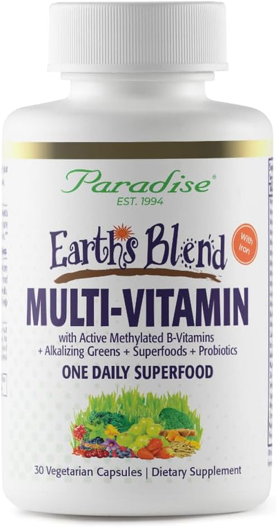 Paradise Herbs Earth's Blend Women's Once Daily Multivitamin with Iron, 48 Organic Superfoods, Probiotics, Antioxidants, Vitamins A, B12, C, D, K2, Daily Superfood, 30 Capsules