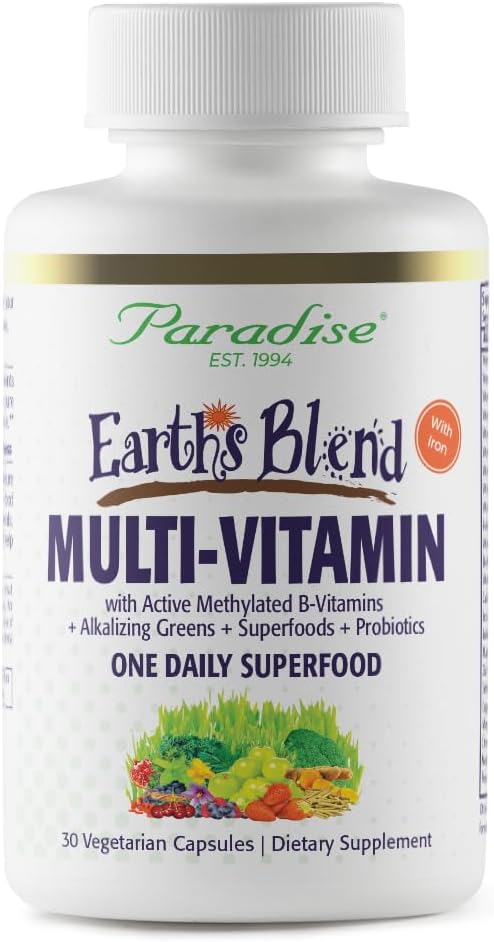 Paradise Herbs Earth's Blend Women's Once Daily Multivitamin with Iron, 48 Organic Superfoods, Probiotics, Antioxidants, Vitamins A, B12, C, D, K2, 60 Capsules