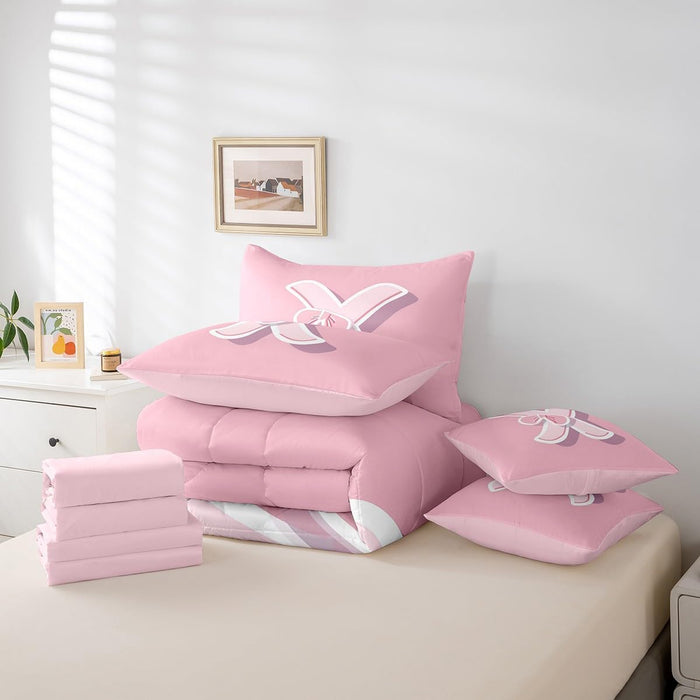 jejeloiu Dreamy Bow Bed Set, Twin Size, Decor Teen Girl Gifts Initial Letter X 7 Pieces Beeding Set, Monogrammed Ultra Soft Bed in a Bag with Comforter, Sheets, Pillowcases Kawaii Pink Fashion
