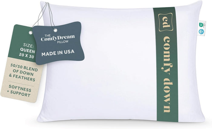 ComfyDown 50/50 Down Feather Blend ComfyDream Bed Pillow for Sleeping, Egyptian Cotton Cover, Made in USA, Twin Size (Twin)