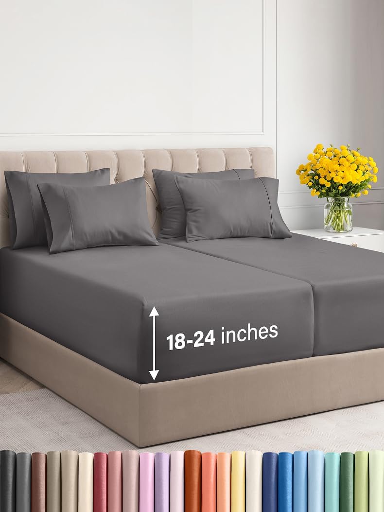 Extra Deep Full Sheet Set - 6 Piece Breathable & Cooling Sheets - Hotel Luxury Bed Sheets Set - Easy & Secure Fit - Soft, Wrinkle Free & Comfy Sheets Set - Light Grey Sheet Set with Extra Deep Pockets