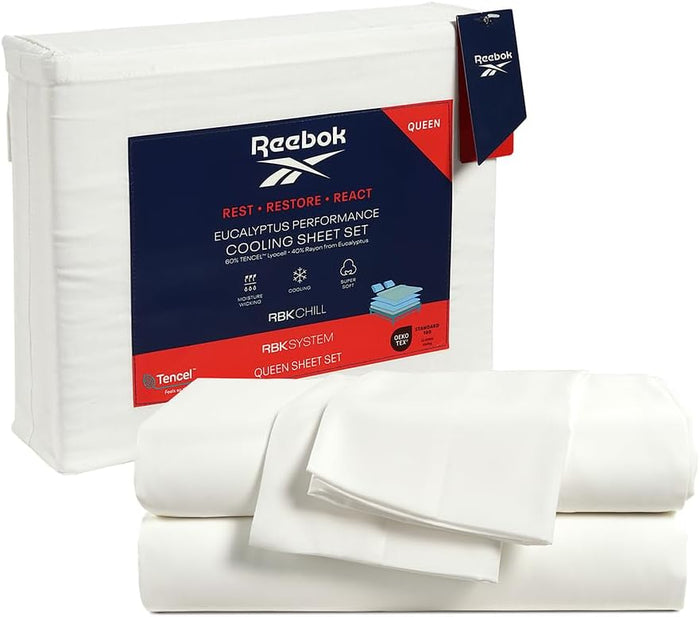 Reebok Queen Sheet Set from Tencel Eucalyptus - Soft, Cooling & Breathable for Hot Sleepers, Deep Pocket Up to 17 Inches, 4Pc Hotel Luxury Bedding Set, Bedsheet & Pillowcases (Niagara Mist, Queen)