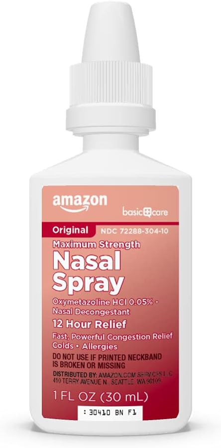 Amazon Basic Care Maximum Strength 12 Hour Nasal Spray, Oxymetazoline HCl Solution, Congestion Relief, Cold and Allergy Medicine, Decongestant, 1 fl oz (Pack of 1)