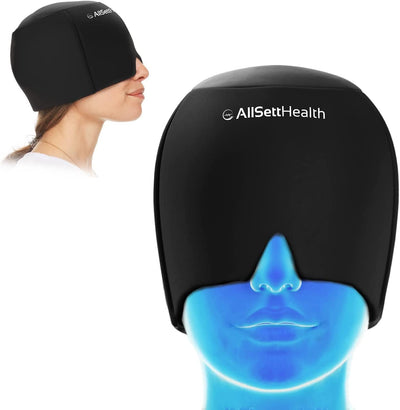 Migraine Relief Cap Ice Head Wrap and Hat | Hot/Cold Gel Pack with Face and Eye Mask Compress for Headache Relief - Black