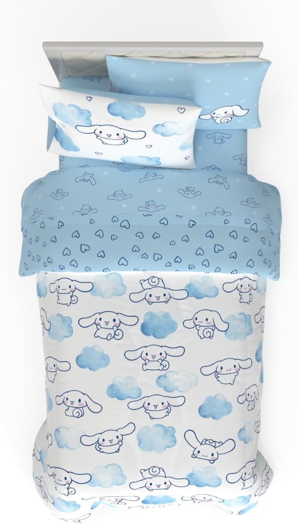 Franco Sanrio Kuromi & My Melody Bedding 7 Piece Super Soft Cozy Reversible Comforter and Sheet Set with Sham, Queen, (100% Official Licensed Product)