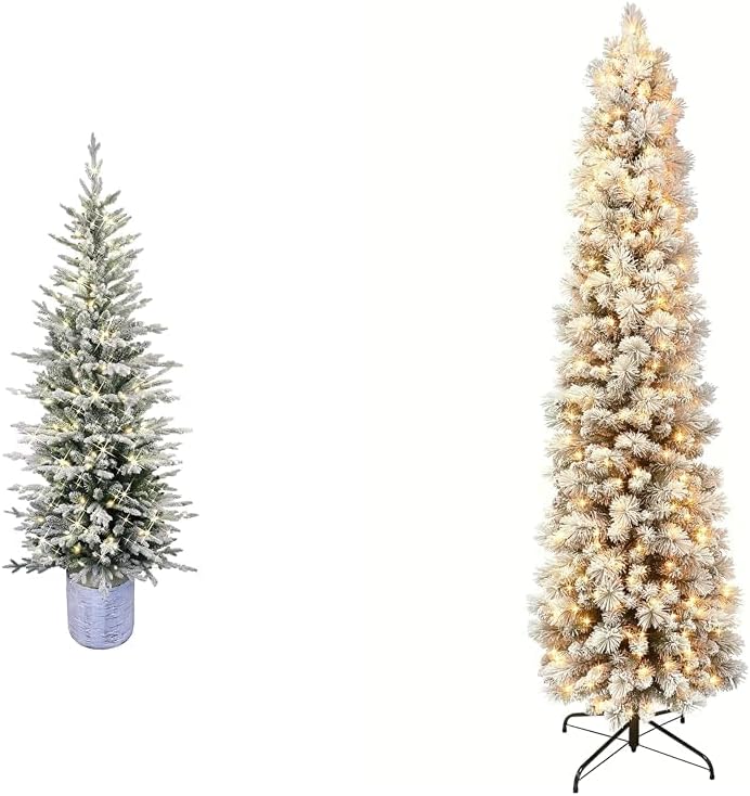 Puleo International 4.5 Foot Pre-Lit Potted Flocked Arctic Fir Artificial Christmas Tree with 70 UL-Listed Clear Lights