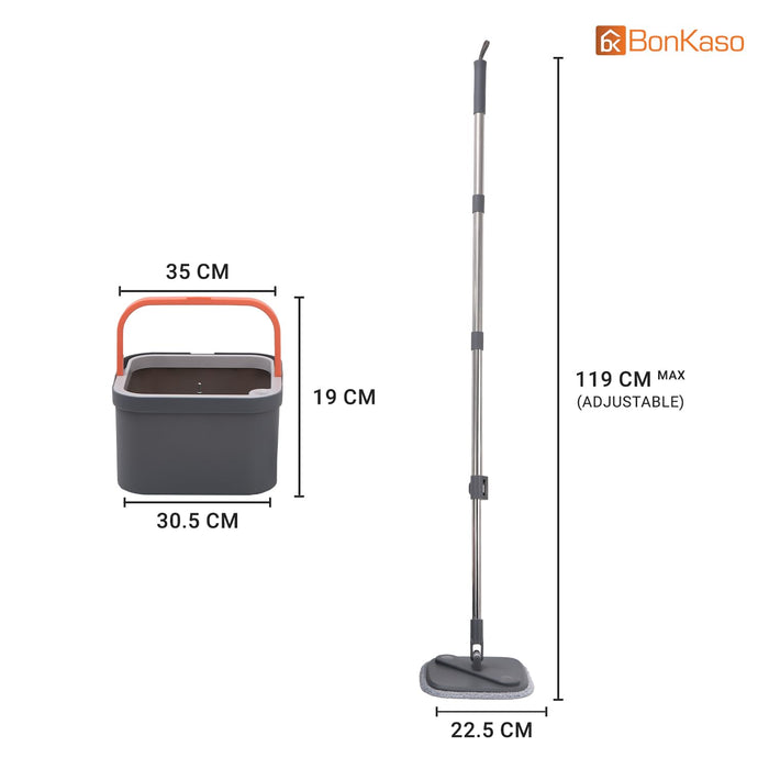 BonKaso 360° Spin Mop with Square Bucket Deluxe System Set and Reusable Microfiber Pads for Wet & Dry Glass, Wall, Tile and Home Floor Cleaning - Grey and Orange