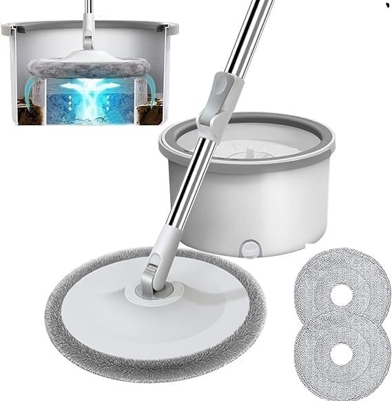 PYXBE Spin Mop with Bucket Deluxe System for Floor Cleaning - 360° Flexible with Self Separation Dirty and Clean Water System 2Pcs Reusable Microfiber for Grill Basting Mop Wooden Long jmki (A-Grey)