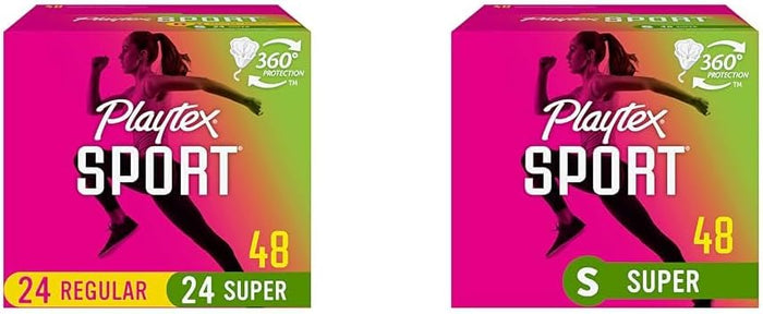 Playtex Sport Tampons Multipack (24ct Regular/24ct Super), Fragrance-Free - 48ct | Tampons Regular and Super, Playtex Tampon Multipack, Feminine Care with 360 Leak Defense