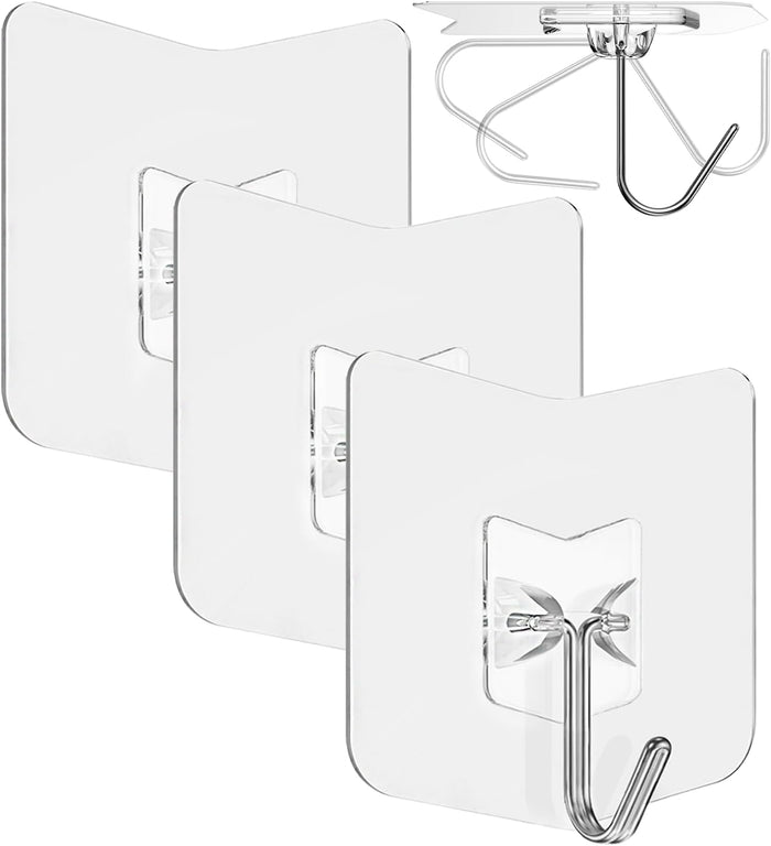 Heavy Duty Adhesive Hooks 12 Pack - Holds 15 lbs, No Residue Wall Hooks for Bathroom, Kitchen, Dorm - Strong Sticky Hooks for Tile, Glass, Wood