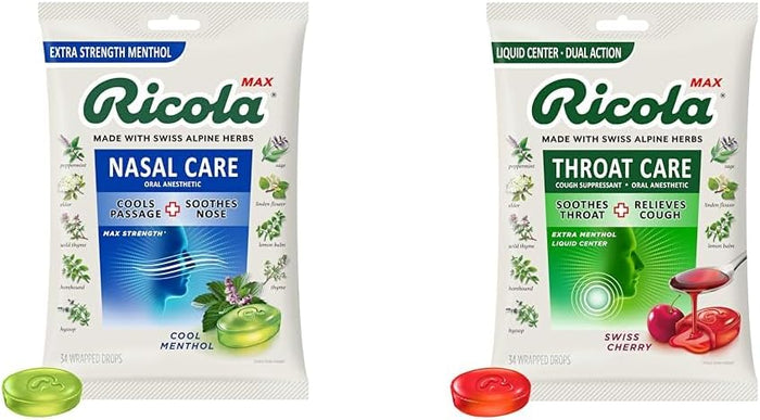 Ricola Max Cool Menthol Nasal Care Large Bag | Cough Suppressant Drops | Dual Action Liquid Center | Soothing Long-Lasting Relief - 34 Count (Pack of 1)