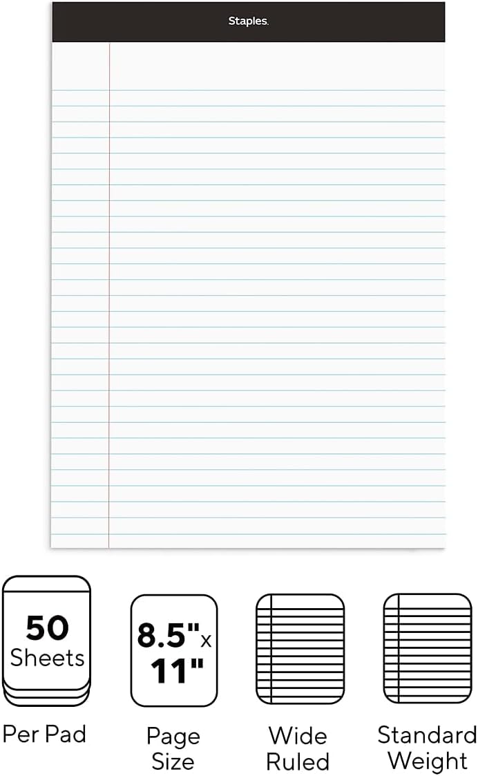 Staples Wide Ruled Legal Notepads - 8.5x11, Top-Bound, Perforated, 50 Sheets, Pack of 12 for Writing and Note Taking