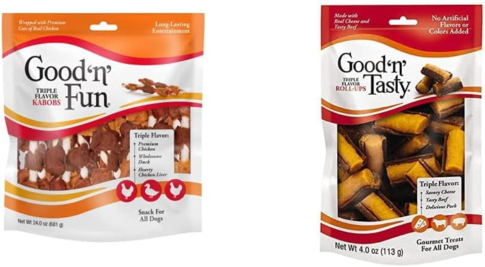 Good ‘n’ Fun Triple Flavor Kabobs Chews for All Dogs, 24 Ounces, Treat Your Dog to Chews Made from Beef Hide, Real Chicken, Pork Hide, Duck and Chicken Liver