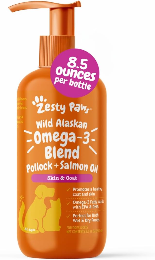 Zesty Paws Wild Alaskan Omega-3 Blend Pollock + Salmon Oil for Dogs and Cats- Skin and Coat Support, Omega 3 Supplement for Pets, 16oz
