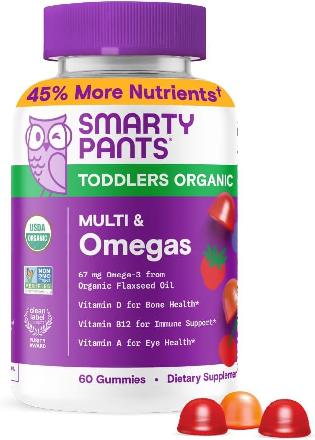 SmartyPants Organic Toddler Multivitamin Gummies: Probiotics, Omega 3 (ALA), Vitamin D3, C, Vitamin B12, B6, A, K & Zinc, Beta Carotene, Gluten Free, Three Fruit Flavors, 60 Count (30 Day Supply)