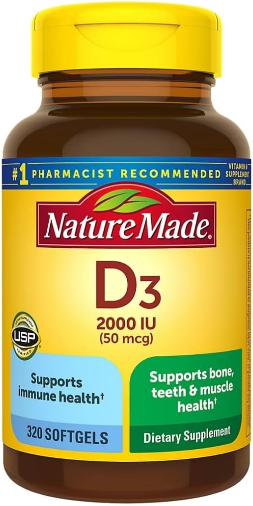 Nature Made Vitamin D3 2000 IU (50 mcg), Vitamin D Supplement for Bone, Teeth, Muscle and Immune Health Support, 250 Softgels, 250 Day Supply