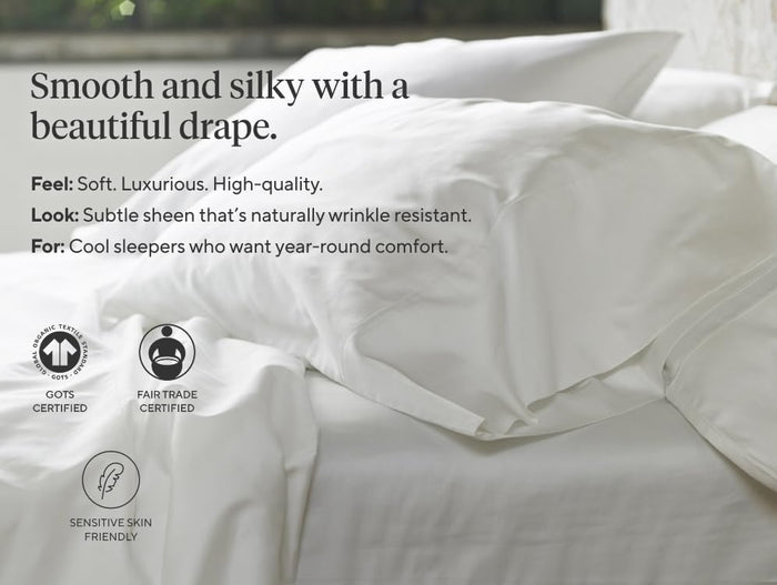 Coyuchi Classic Sateen Sheet Set Twin, Mineral, 100% GOTS Certified Organic Cotton, Silky Soft, Luxury Sheets, Fair Trade Certified, 4-Piece Bedding Set