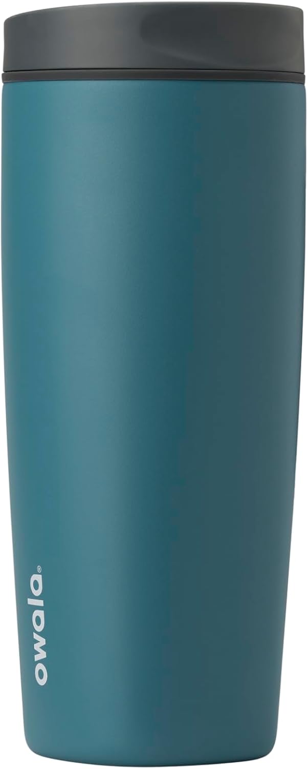 Owala SmoothSip Slider Insulated Stainless Steel Coffee Tumbler, Reusable Iced Coffee Cup, Hot Coffee Travel Mug, BPA Free 12 oz, Tan/White (Vanilla Bean)