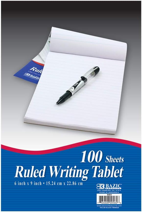 BAZIC Products Writing Pad 100 Sheets 6" X 9", Lined Ruled Memo Writing Notebook Note Pad, Easy Tear Note Paper Work Notepad for Office School Home, 1-Pack