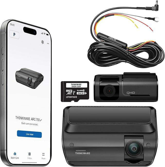 THINKWARE ARC 700 4K Front and 2K Rear Dash Cam - Wi-Fi, GPS, HDR, Parking Mode, Radar Compatible, Speed/Red Light Alerts, Included 64GB MicroSD, Hardwiring Cable