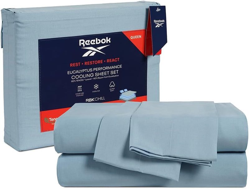 Reebok Queen Sheet Set from Tencel Eucalyptus - Soft, Cooling & Breathable for Hot Sleepers, Deep Pocket Up to 17 Inches, 4Pc Hotel Luxury Bedding Set, Bedsheet & Pillowcases (Niagara Mist, Queen)
