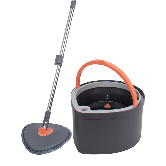 BonKaso 360° Spin Mop with Square Bucket Deluxe System Set and Reusable Microfiber Pads for Wet & Dry Glass, Wall, Tile and Home Floor Cleaning - Grey and Orange