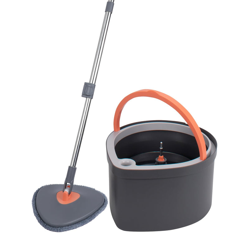 BonKaso 360° Spin Mop with Square Bucket Deluxe System Set and Reusable Microfiber Pads for Wet & Dry Glass, Wall, Tile and Home Floor Cleaning - Grey and Orange