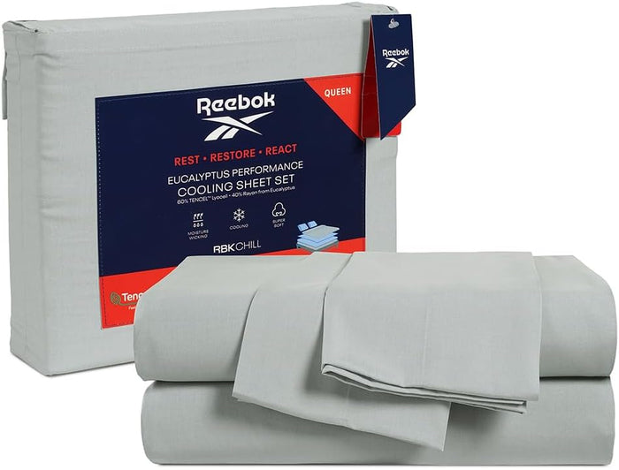 Reebok Queen Sheet Set from Tencel Eucalyptus - Soft, Cooling & Breathable for Hot Sleepers, Deep Pocket Up to 17 Inches, 4Pc Hotel Luxury Bedding Set, Bedsheet & Pillowcases (Niagara Mist, Queen)