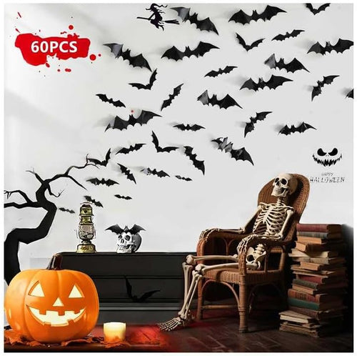 120pcs Halloween Bats Decorations Outdoor Indoor, Halloween Party Supplies, 3D Bat Stickers for Wall Window Home Kitchen Scary Decor (4 Sizes, Black)