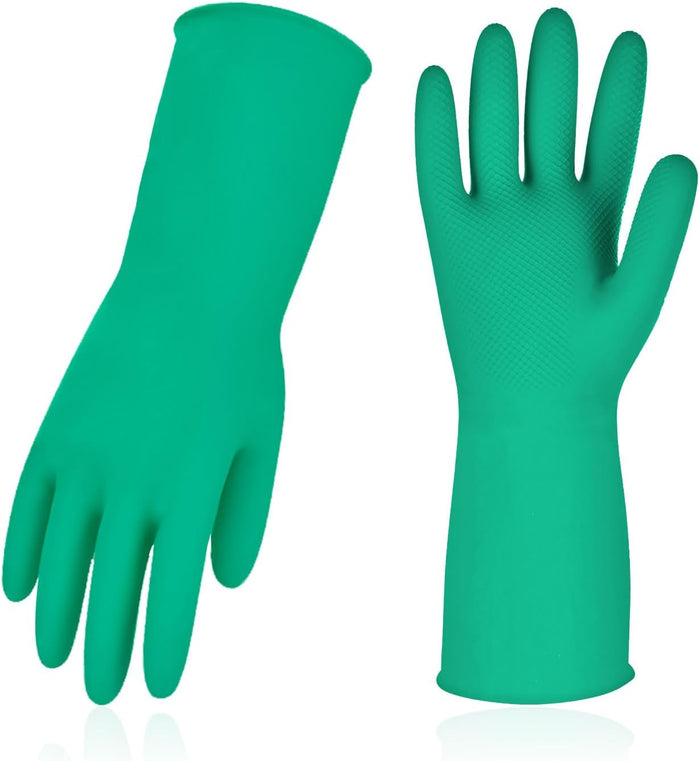 Vgo... 2-Pairs Reusable Household Gloves, Rubber Dishwashing gloves, Extra Thickness, Long Sleeves, Kitchen Cleaning, Working, Painting, Gardening, Pet Care (Size M, Green, HH4601)