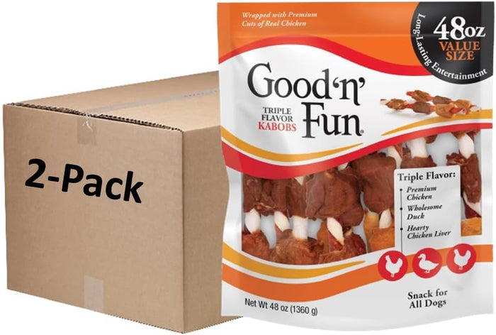 Good ‘n’ Fun Triple Flavor Kabobs Chews for All Dogs, 24 Ounces, Treat Your Dog to Chews Made from Beef Hide, Real Chicken, Pork Hide, Duck and Chicken Liver