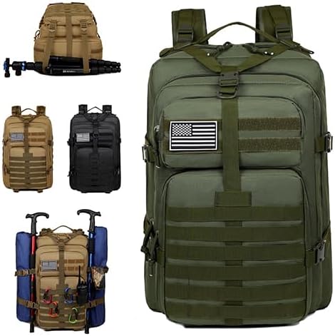 Military Tactical Backpack, Large Black MOLLE Assault Pack with American Flag Patch, 45L Waterproof Rucksack for Outdoor Hiking Camping (Brown)