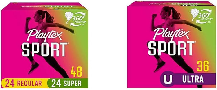 Playtex Sport Tampons Multipack (24ct Regular/24ct Super), Fragrance-Free - 48ct | Tampons Regular and Super, Playtex Tampon Multipack, Feminine Care with 360 Leak Defense