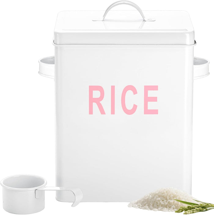 Youeon Metal Flour Container with Scoop and Lid, 6.3 Quart (Holds up to 7 lbs), Galvanized Steel Flour Canister with Handles, Farmhouse Square Storage Bin for Kitchen Counter, Pantry, White