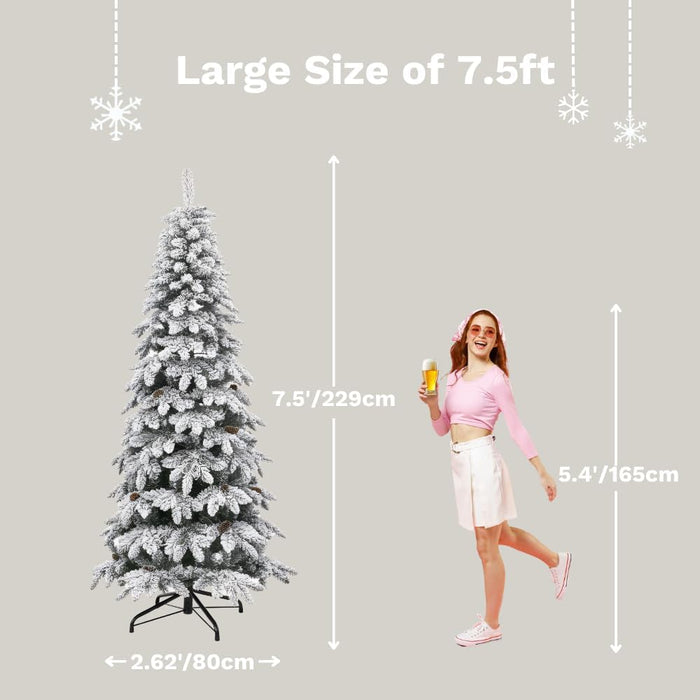 DWVO Pre-Lit Flocked Slender Spruce Artificial Christmas Tree Adorned with 51 Pine Cones, 7.5 FT Authentic Layered Christmas Tree with 350 Lights & 800 Branch Tips for Home Party with Remote Control