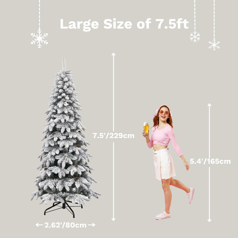 DWVO Pre-Lit Flocked Slender Spruce Artificial Christmas Tree Adorned with 51 Pine Cones, 7.5 FT Authentic Layered Christmas Tree with 350 Lights & 800 Branch Tips for Home Party with Remote Control