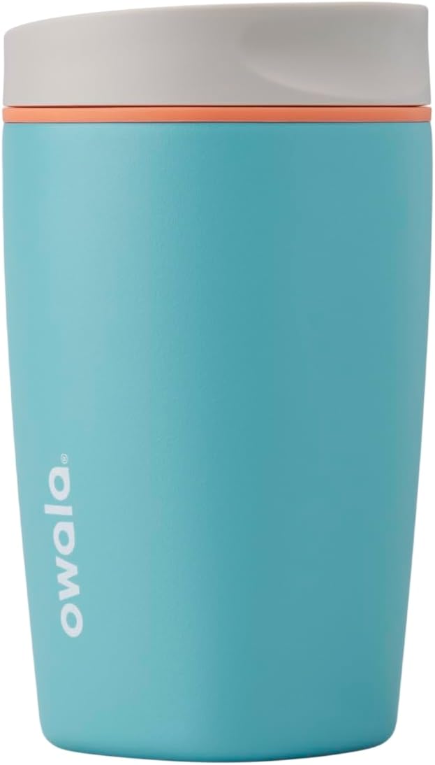 Owala SmoothSip Slider Insulated Stainless Steel Coffee Tumbler, Reusable Iced Coffee Cup, Hot Coffee Travel Mug, BPA Free 12 oz, Tan/White (Vanilla Bean)