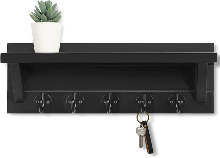 Wall Key Holder, Rustic Shelf with Hooks Made of Paulownia Wood Holds Keys, Dog Leash, Bags and More - 13.7" W x 4.7" H x 3.5" D Decorative Key Hanger and Entryway Shelf