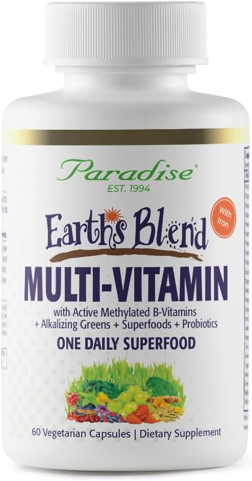 Paradise Herbs Earth's Blend Women's Once Daily Multivitamin with Iron, 48 Organic Superfoods, Probiotics, Antioxidants, Vitamins A, B12, C, D, K2, Daily Superfood, 30 Capsules