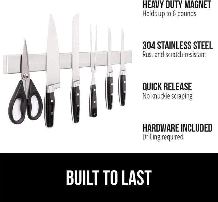 GORILLA GRIP Stainless Steel Magnetic Knife Holder for Wall, Multi-Purpose Magnet Bar for Knives, Tools, Art Supplies, Heavy Duty Strip Holds Up to 6 lbs, Kitchen Organizer, Drilling Required, 10 Inch