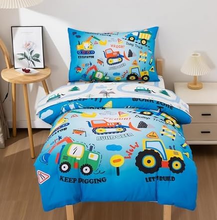 NTBED 4 Pieces Construction Toddler Bedding Set for Baby Boys,Tree Truck Vehicles Excavator Cars Printed, Includes Comforter, Flat Sheet, Fitted Sheet and Pillowcase,Light Grey