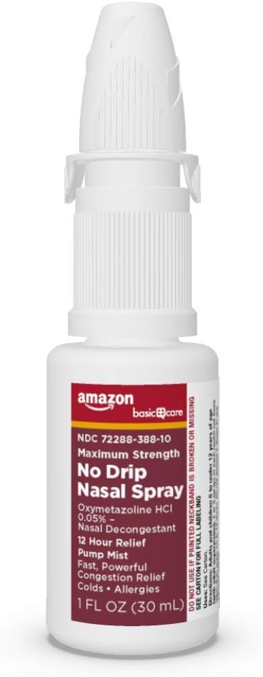 Amazon Basic Care No Drip Nasal Spray, 12 Hour Nasal Decongestant, Pump Mist, Oxymetazoline HCl, Cold and Allergy Nasal Spray, 1 fl oz (Pack of 1)