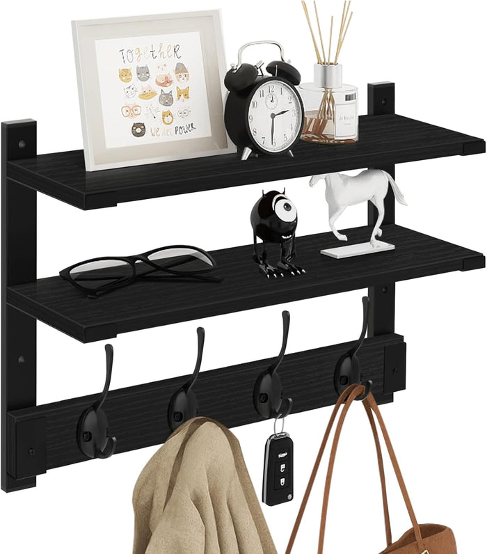 Homode Coat Rack Wall Mount with Shelf, Two-Tier Entryway Wall Shelf with Hooks, 24 in Wood Floating Storage Shelves, Coat Hanger for Hanging Hat Towel Jacket Purse Backpack, Rustic Brown