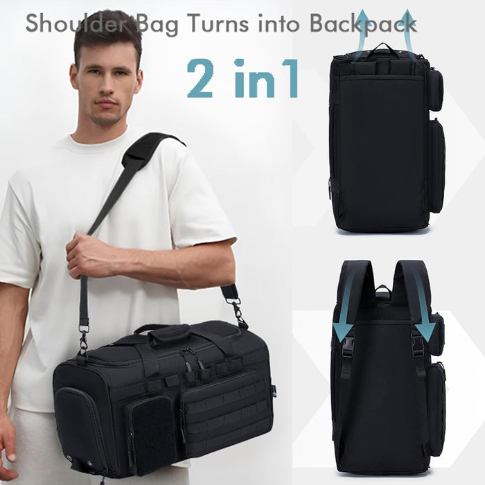 3 In 1 Tactical Military Travel Duffle Bag 40L with Shoe Compartment Gym Bag Backpack for Fitness Weekender Deployment Workout Black