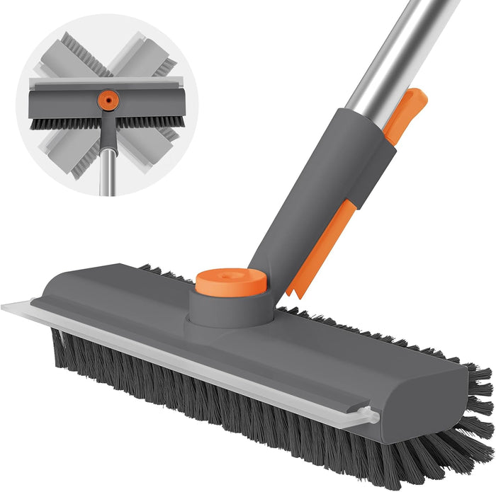 AIR U+ Floor Scrub Brush with Long Handle, 3 in 1 Scrape and Heavy-Duty Stiff Bristle Scrubber Brush for Cleaning Shower Bathroom, Patio, Garage, Kitchen, Wall and Deck