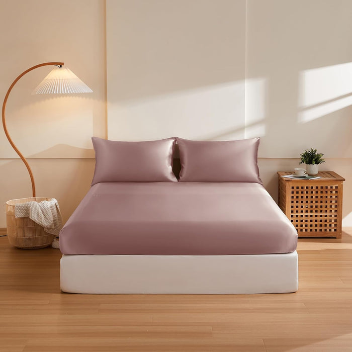 THXSILK 6A+ Top Grade 100% Pure Mulberry Silk Full Fitted Sheet 3Pcs Set Bed Sheets Luxury Bedding for Hair and Skin Healthy Natural Materials, 1 Fitted Sheet with 2 Pillowcases, Champagne