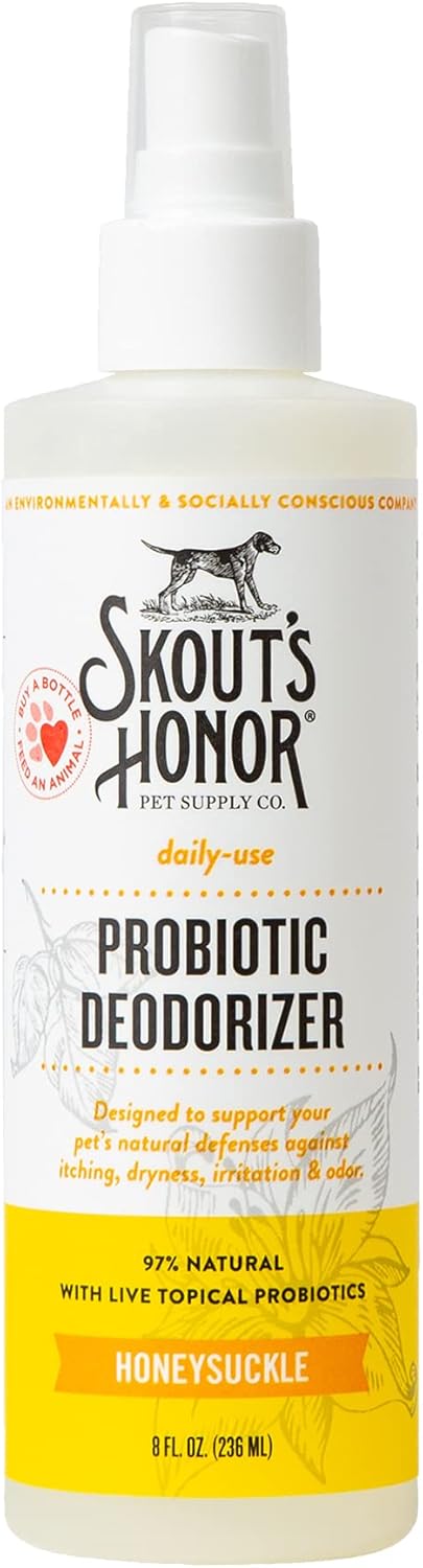 SKOUT'S HONOR Probiotic Pet Deodorizer Spray- Hydrating Daily-Use with Avocado Oil & Omega-3s, Microbiome Friendly Certiified, Paraben & Sulfate-Free, 97% Natural, 8oz, Sunkissed Coconut